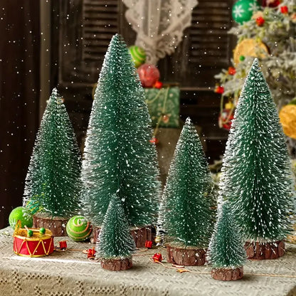 6pcs Mini Christmas Trees, Sisal Trees With Wood Base,