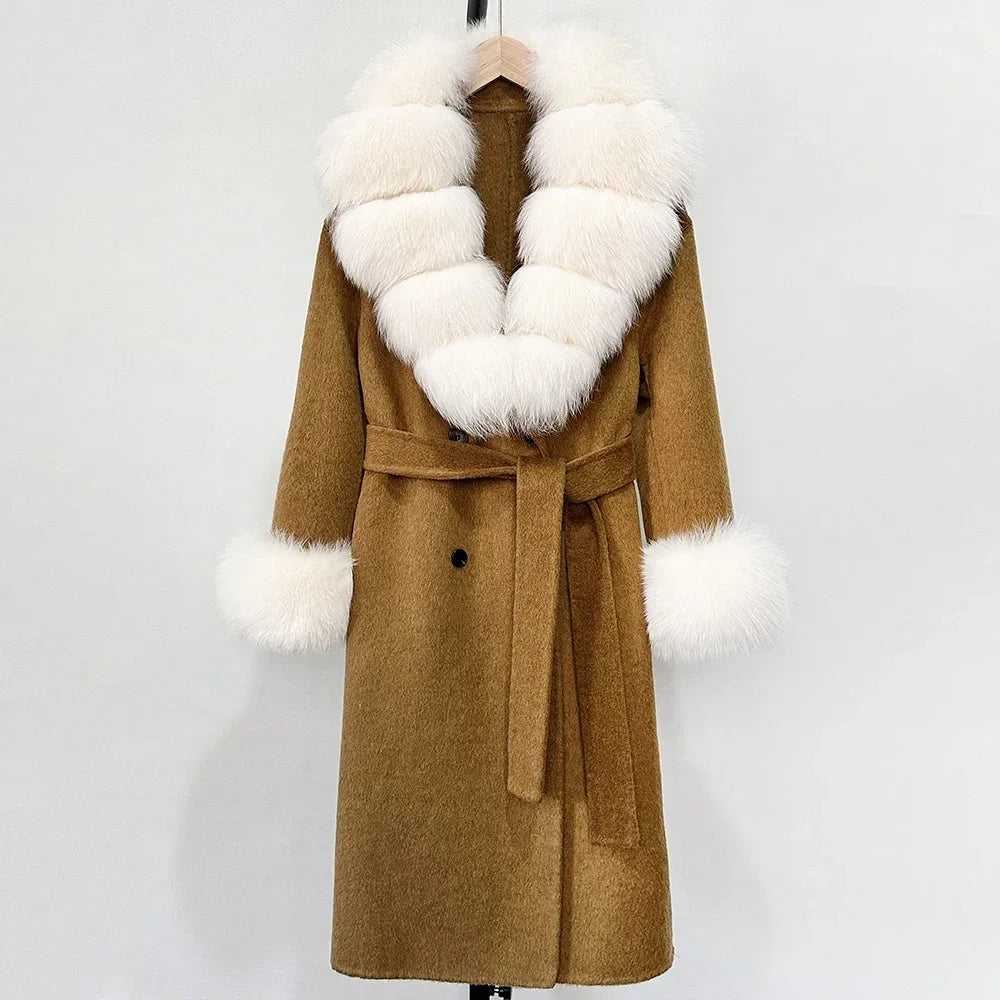 Wool Blends Coat Fashion Long Natural Warm Real Fox Fur Jacket