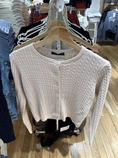 New Pink Twisted Flower Knit Sweater Cardigan O-Neck