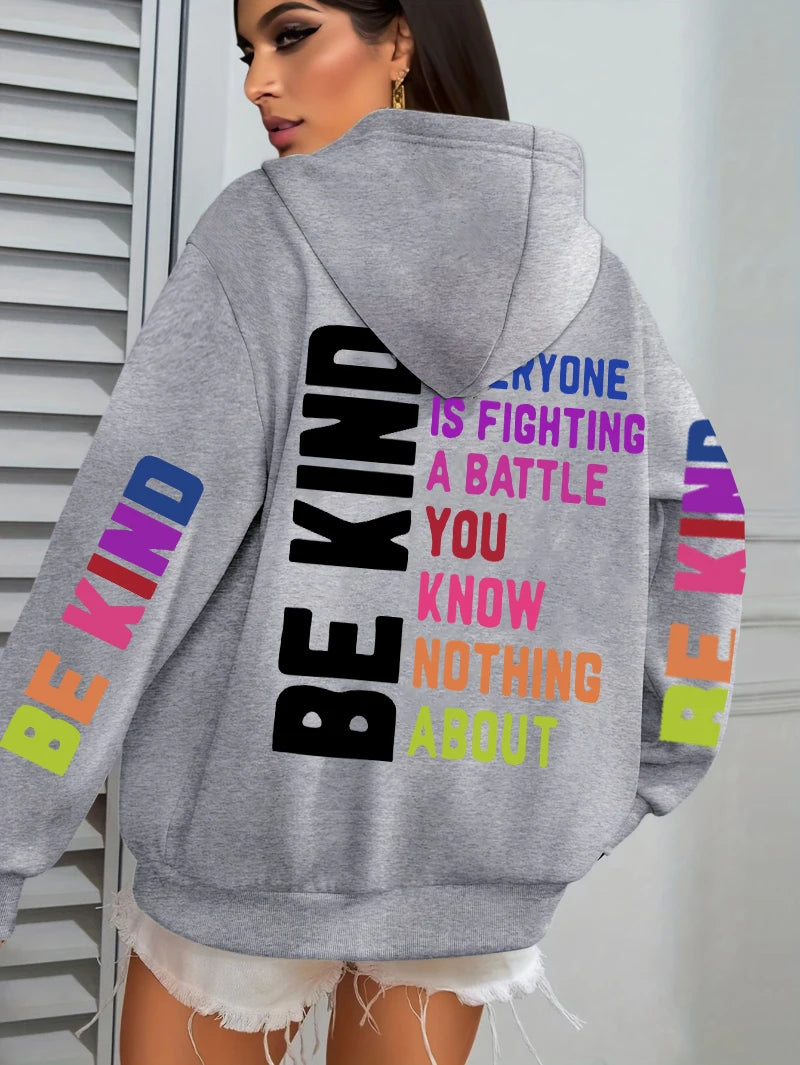 Be Kind Hoodies Women Letter Prints Winter Fleece Warm