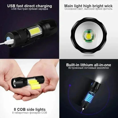 Portable Rechargeable LED Flashlight with Pen Clip Zoomable