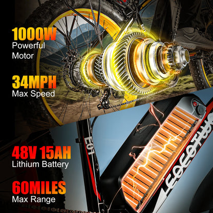 EOEOTWO E01 Electric Bike,26"x4.0 Fat Tire Ebike for Adults,