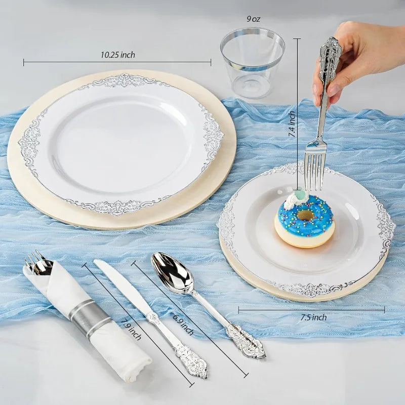 175PCS White And Silver Plastic Plates