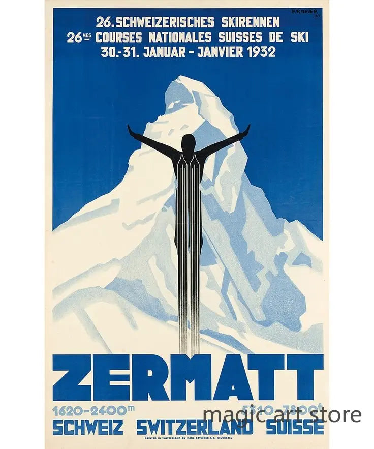 Retro Zermatt Chamonix Skiing Art Poster Vintage Australia