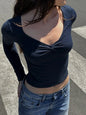Navy Knot Long Sleeve T-shirt Woman Autumn V-neck Cotton Slim