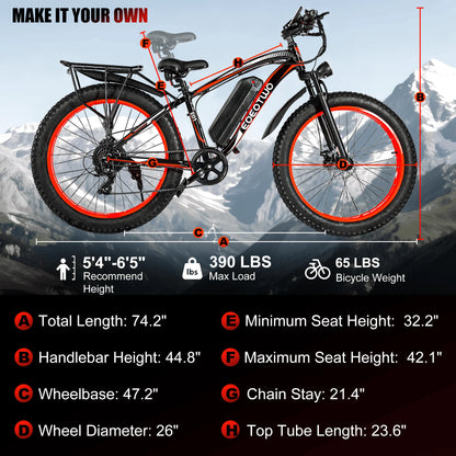 EOEOTWO E01 Electric Bike Adult 26" Fat Tire 1500W Peak Motor