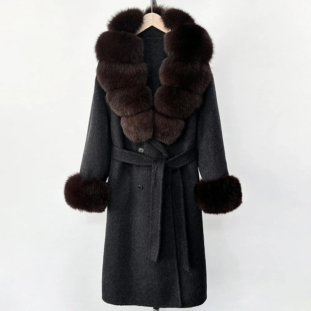 Wool Blends Coat Fashion Long Natural Warm Real Fox Fur Jacket