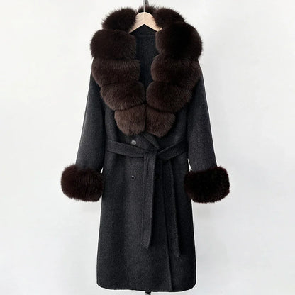 Wool Blends Coat Fashion Long Natural Warm Real Fox Fur Jacket