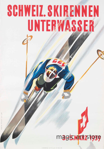 Retro Zermatt Chamonix Skiing Art Poster Vintage Australia