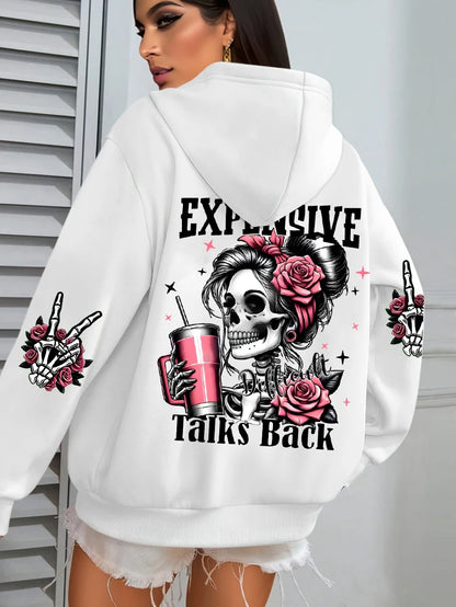 Expensive Talks Back Funny Printing Womens Hoodie Loose Multicolor
