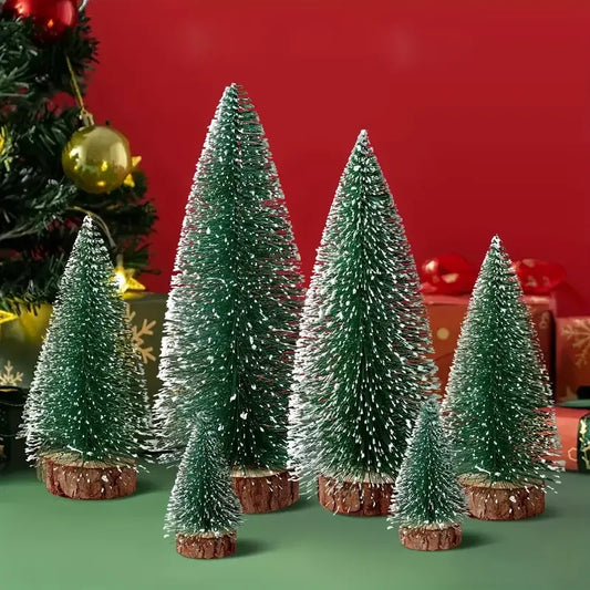 6pcs Mini Christmas Trees, Sisal Trees With Wood Base,