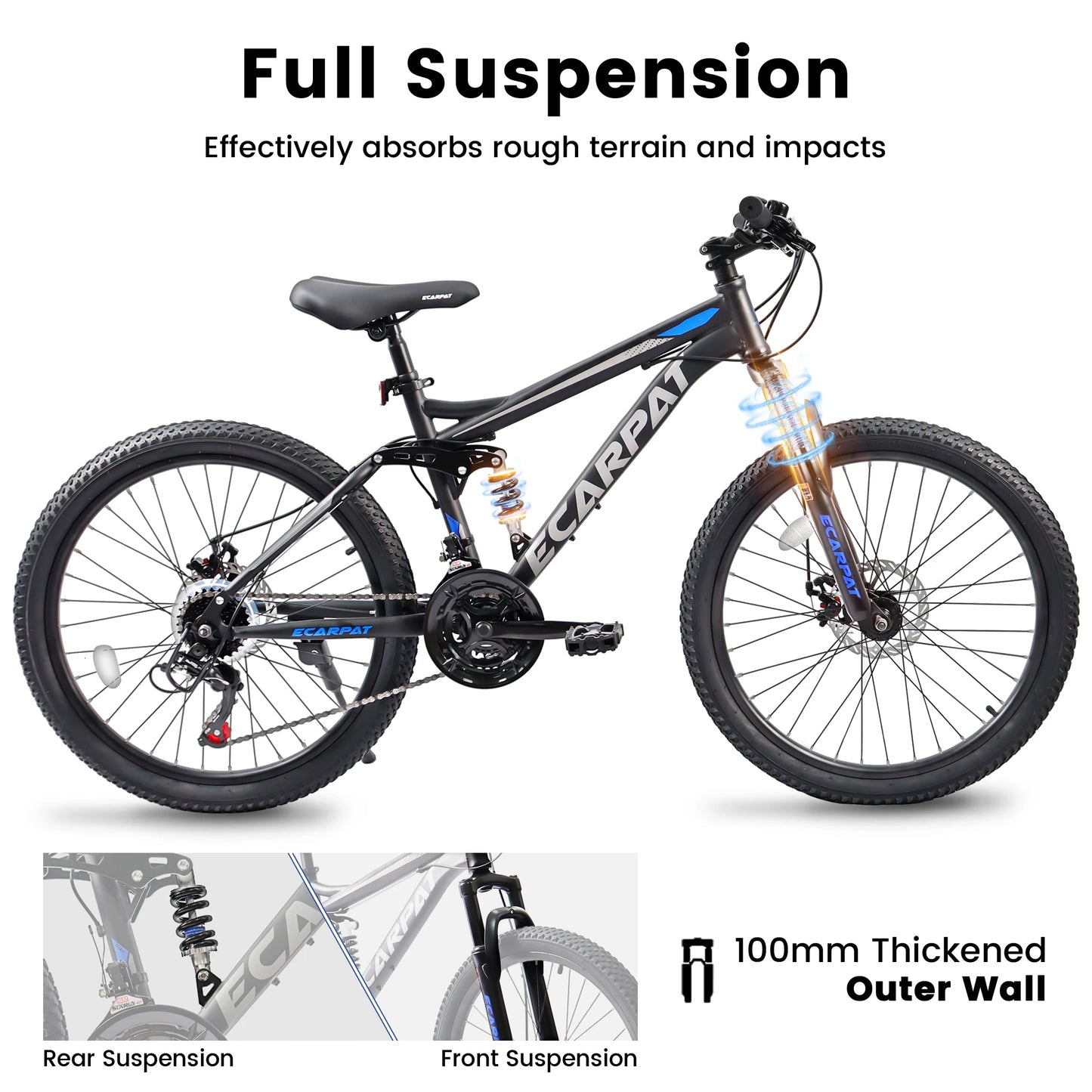 Ecarpat Dual Full Suspension Mountain Bike 24/26/27.5 Inch, Teenagers