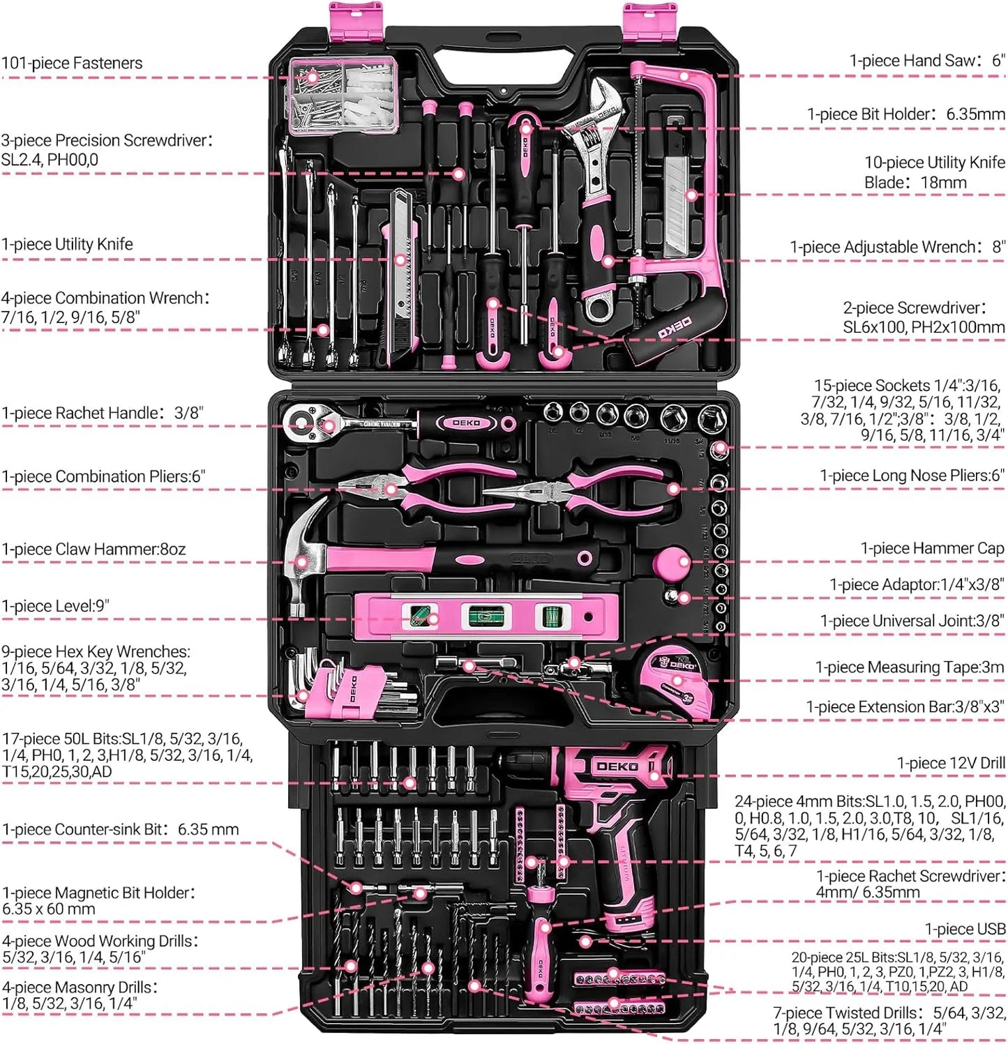 DEKO Home Mechanic Toolbox with 12V Power Cordless Drill Hand
