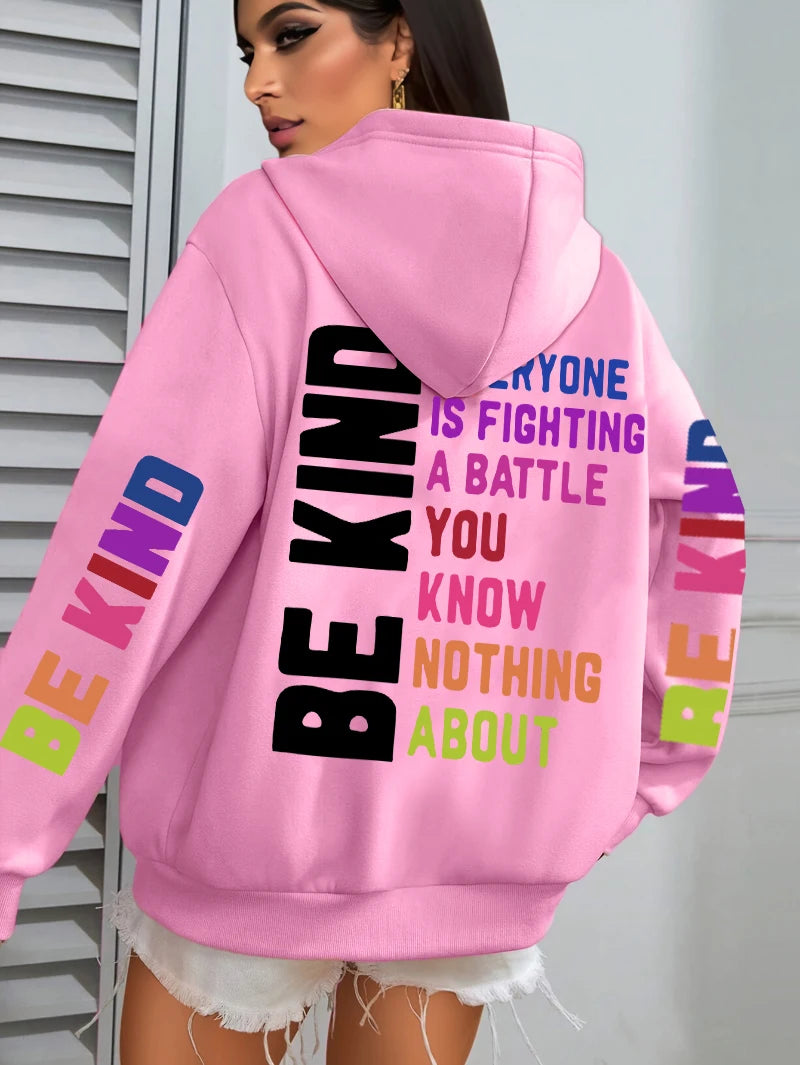 Be Kind Hoodies Women Letter Prints Winter Fleece Warm