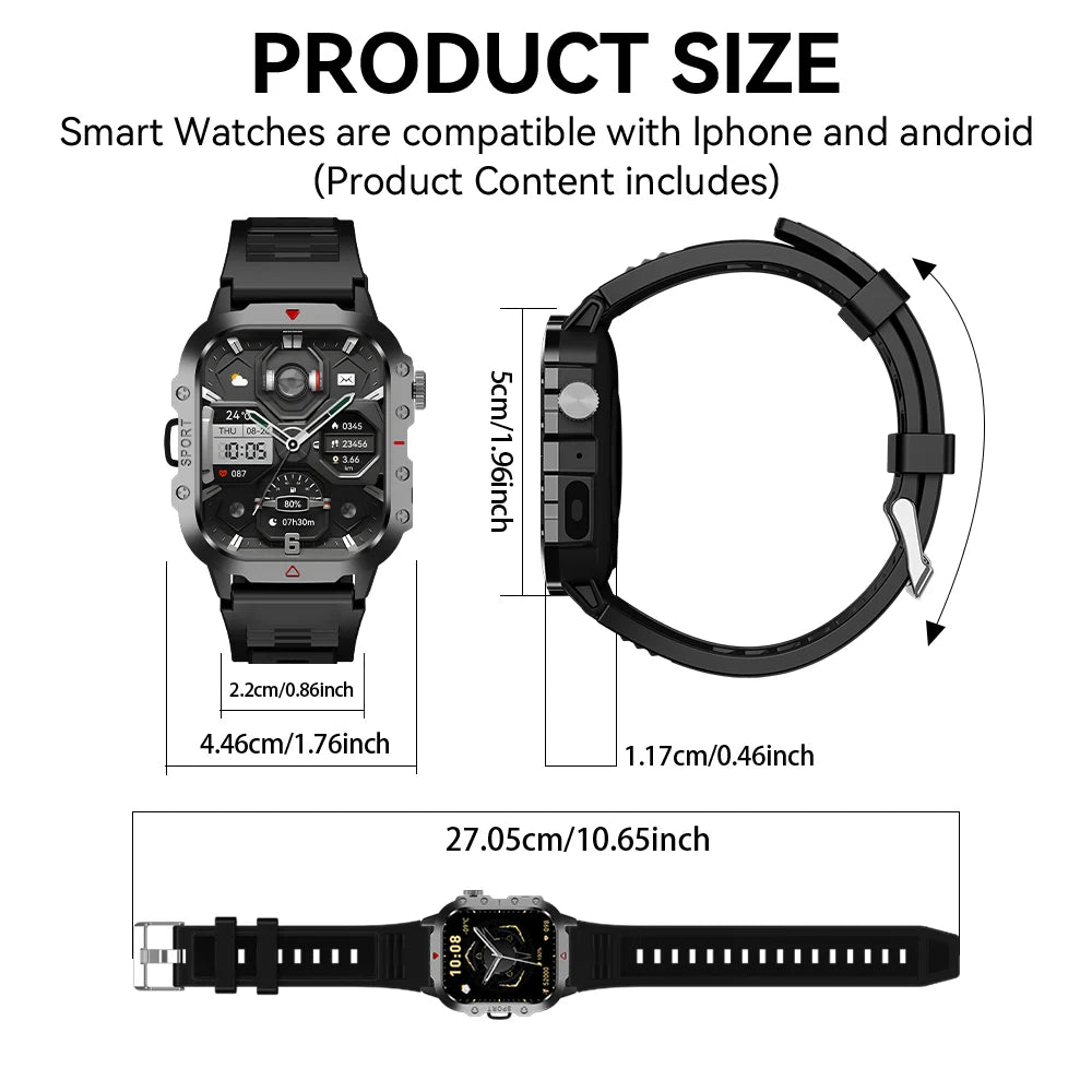Outdoor Sports Smart Watch 2.01 inch HD Screen LED Flashlight