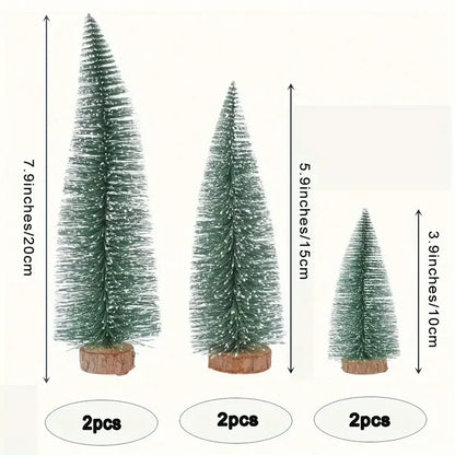 6pcs Mini Christmas Trees, Sisal Trees With Wood Base,