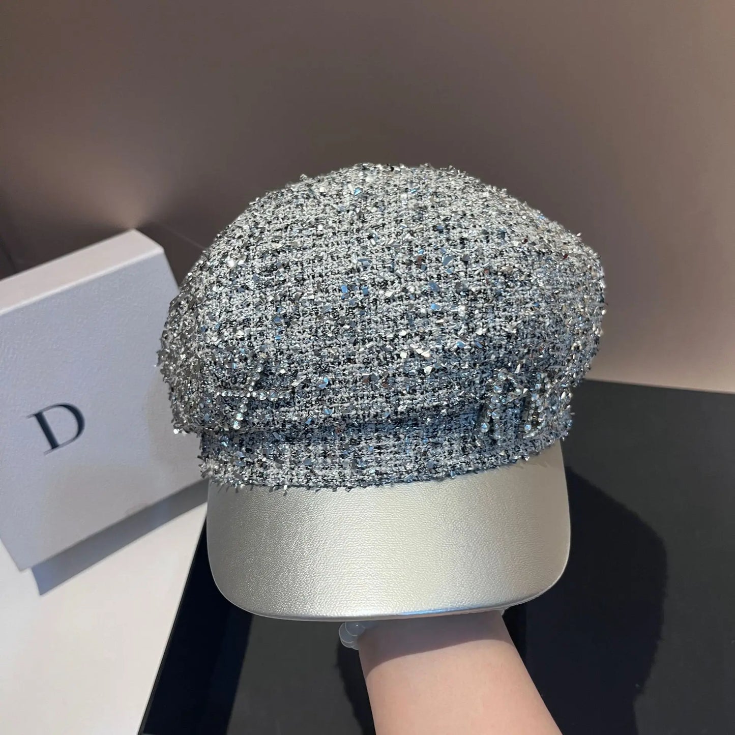 Navy Military Cap Silver Foil Trim RB Faux Leather Brim