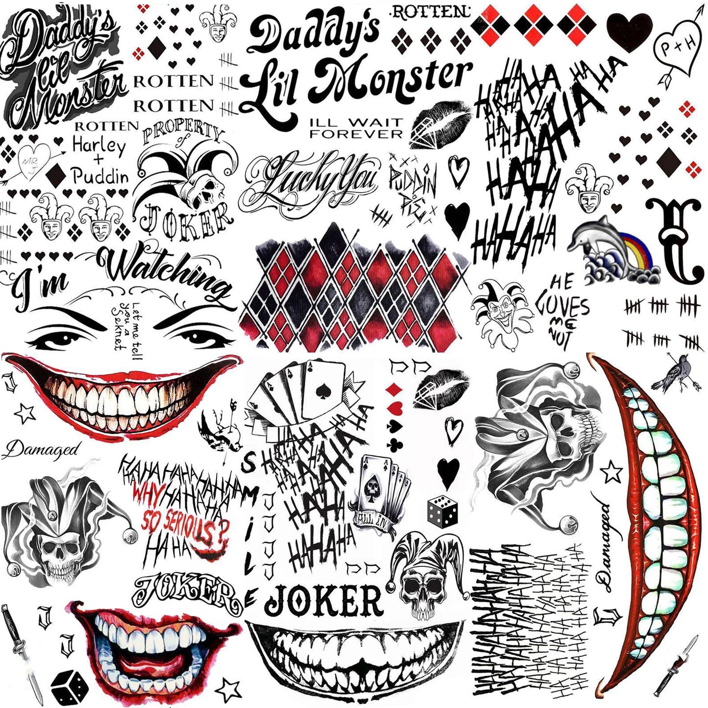 5 Sheets Crazy Joker Halloween Tattoos Evil Skull