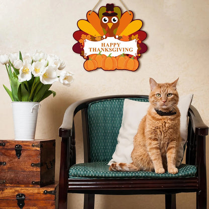 Thanksgiving - themed Wooden Hanging Sign with Cute Turkey,