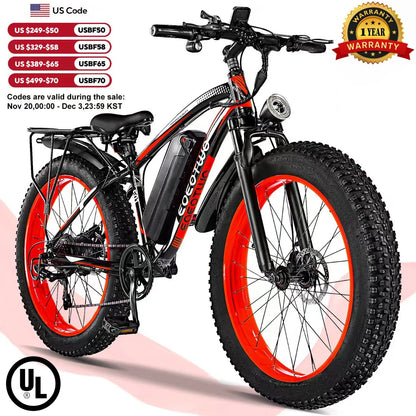 EOEOTWO E01 Electric Bike Adult 26" Fat Tire 1500W Peak Motor