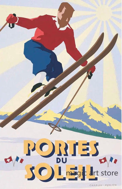 Retro Zermatt Chamonix Skiing Art Poster Vintage Australia