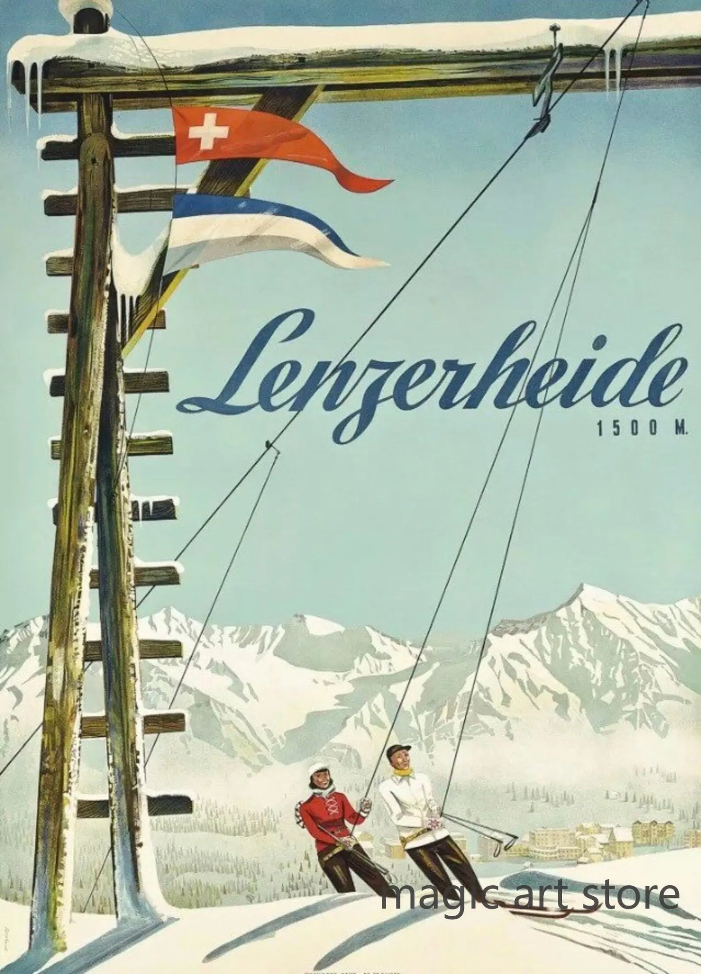 Retro Zermatt Chamonix Skiing Art Poster Vintage Australia