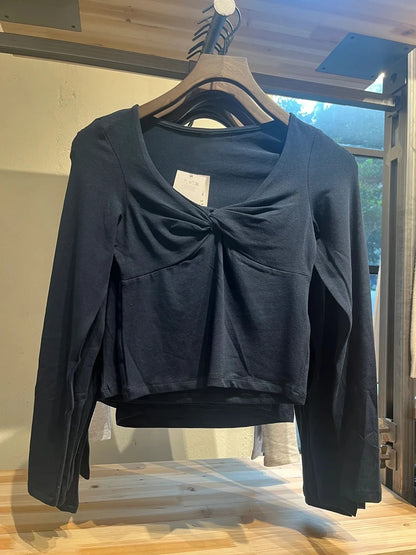Navy Knot Long Sleeve T-shirt Woman Autumn V-neck Cotton Slim