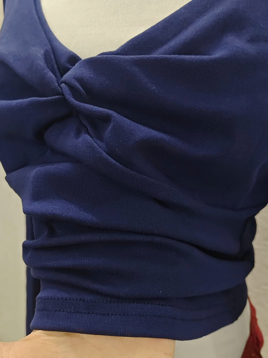 Navy Knot Long Sleeve T-shirt Woman Autumn V-neck Cotton Slim