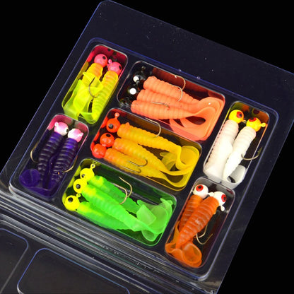17pcs Metal Jig Head Fishing Hooks + 17pcs Soft Worm Lure Grub Silicone