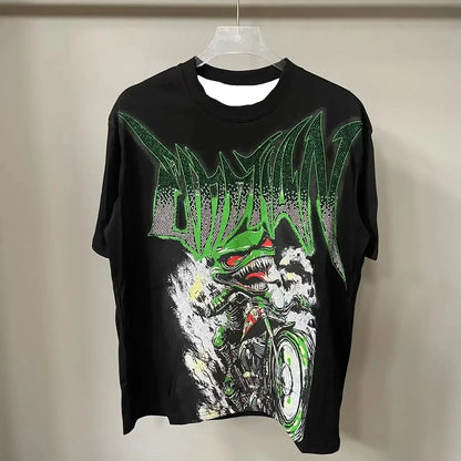 New Summer Letter Rhinestone Short Sleeve Black Men's T-Shirt