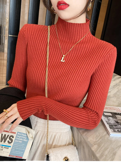 Elegant Solid Basic Knitted Tops Women Turtlneck