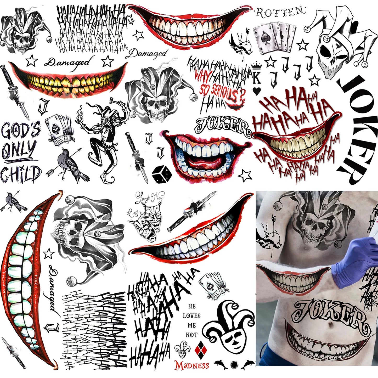 5 Sheets Crazy Joker Halloween Tattoos Evil Skull