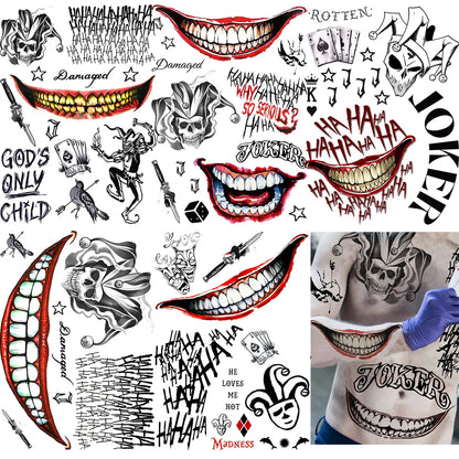 5 Sheets Crazy Joker Halloween Tattoos Evil Skull