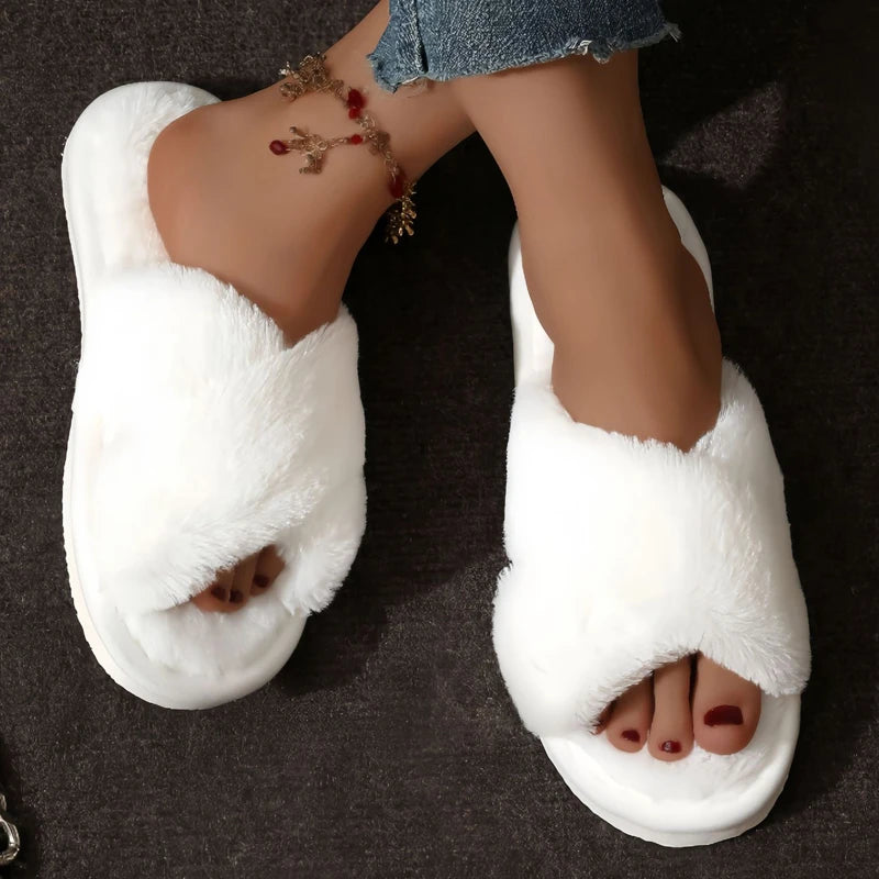 Cross Warm Fluffy Furry Slippers Womens