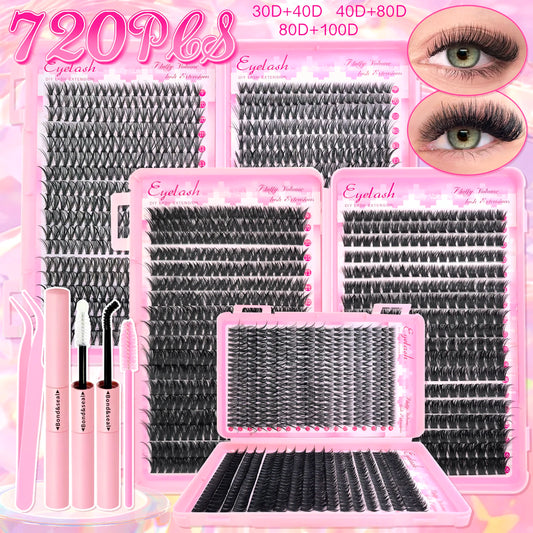 DIY Lash Extension Kit 720pcs Lash Clusters Individual Eyelashes Kit