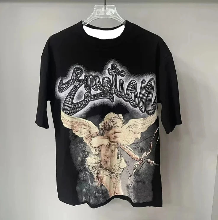 New Summer Letter Rhinestone Short Sleeve Black Men's T-Shirt