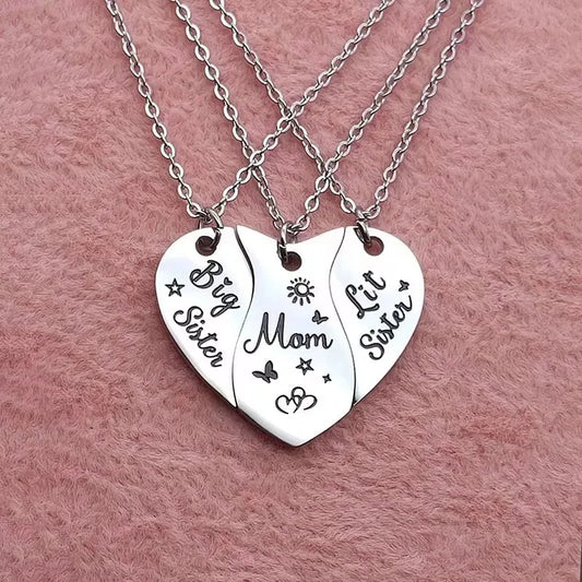 3 PCS Mom Big Sister Littler Sister Heart Matching Necklace