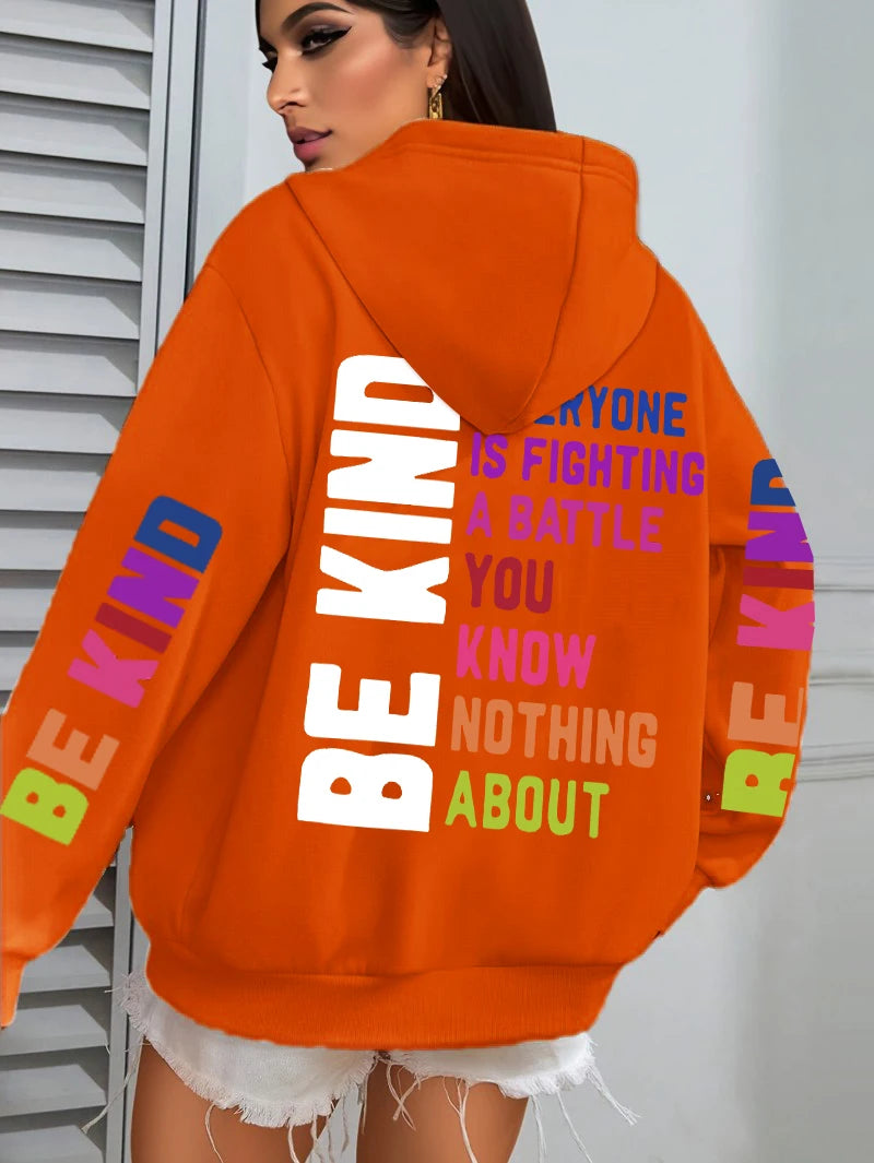 Be Kind Hoodies Women Letter Prints Winter Fleece Warm