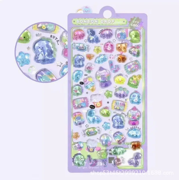 300Pcs Kawaii Cartoon 3D Relief Sticker Cute Crystal