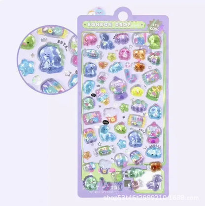 300Pcs Kawaii Cartoon 3D Relief Sticker Cute Crystal