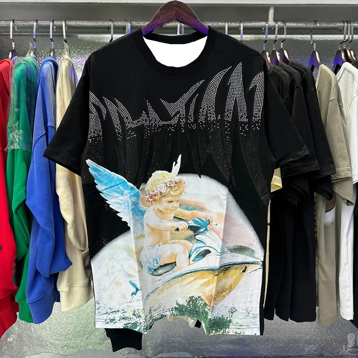 New Summer Letter Rhinestone Short Sleeve Black Men's T-Shirt