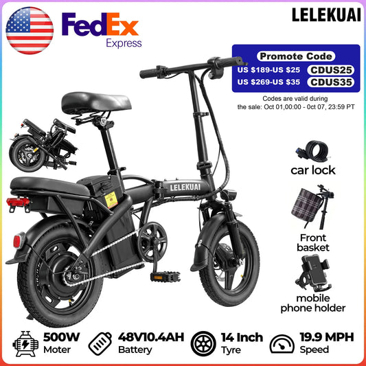 Adult and adolescent folding electric bicycles, 14 inch 500W 24MPH 48V 10Ah battery, 3-