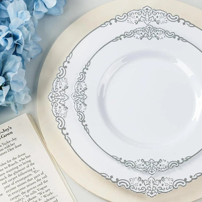 175PCS White And Silver Plastic Plates