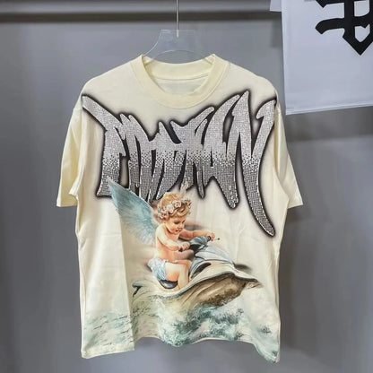 New Summer Letter Rhinestone Short Sleeve Black Men's T-Shirt