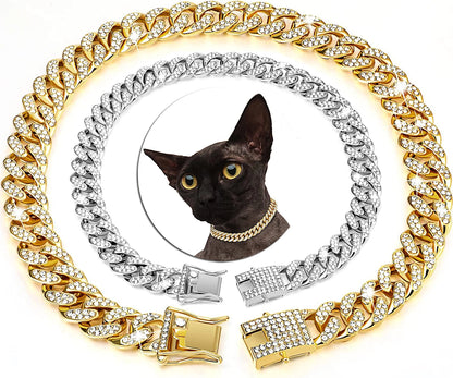 Luxury Cuban Link Cat Necklace Jewelry Rhinestone Collar Cat