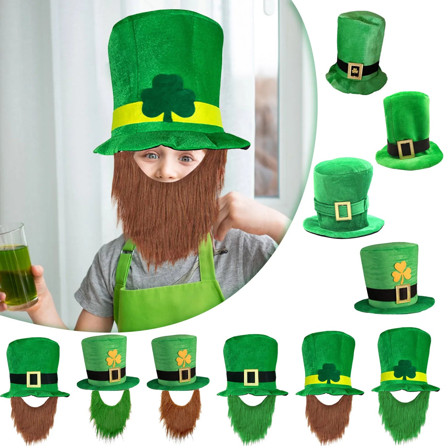 Saint Patricks Day Top Hat Holiday Fake Beard Green