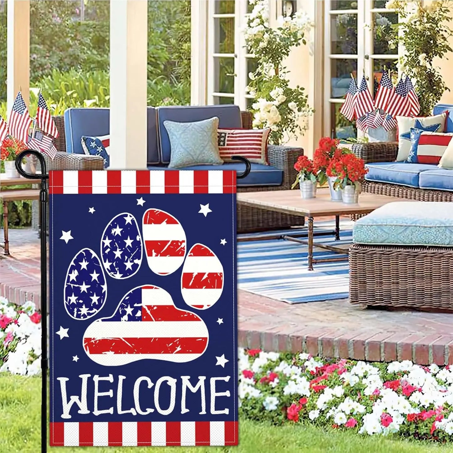 4th of July Patriotic Garden Flag Welcome Funny Dog