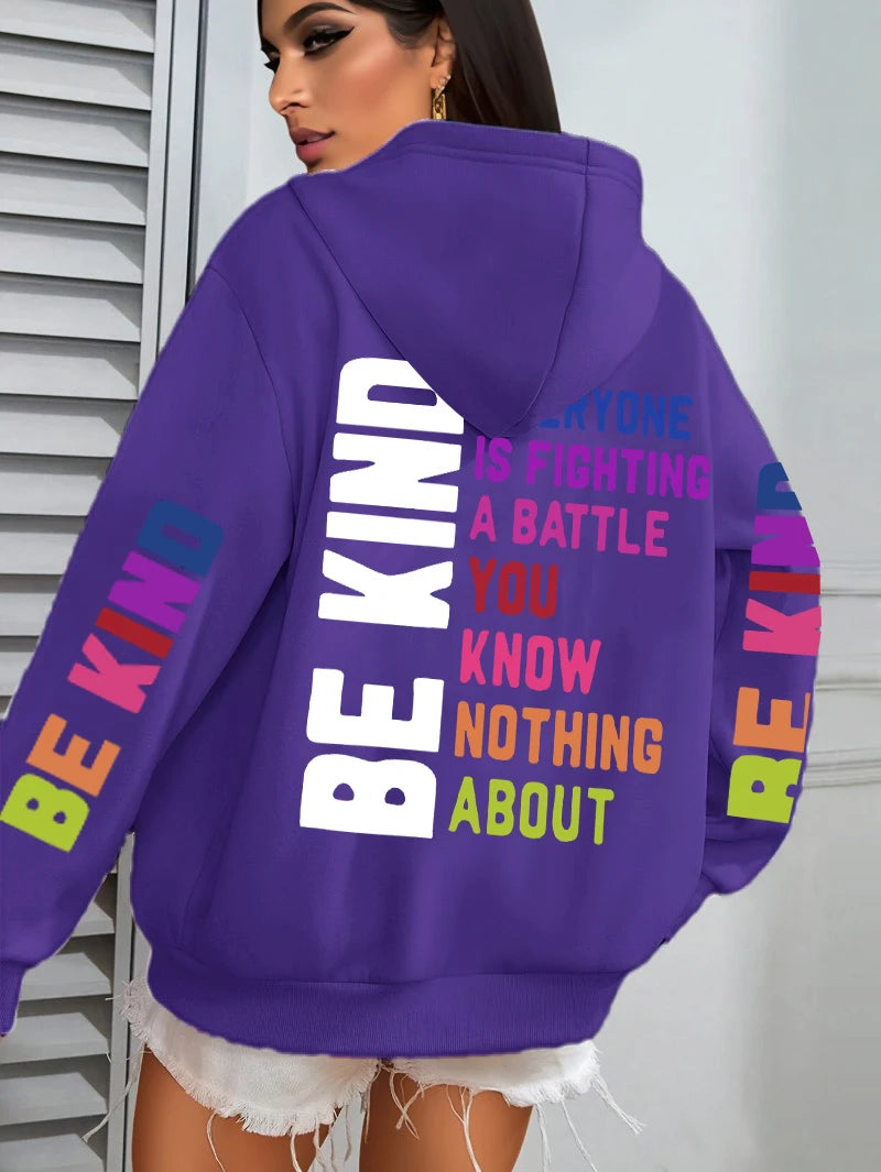 Be Kind Hoodies Women Letter Prints Winter Fleece Warm