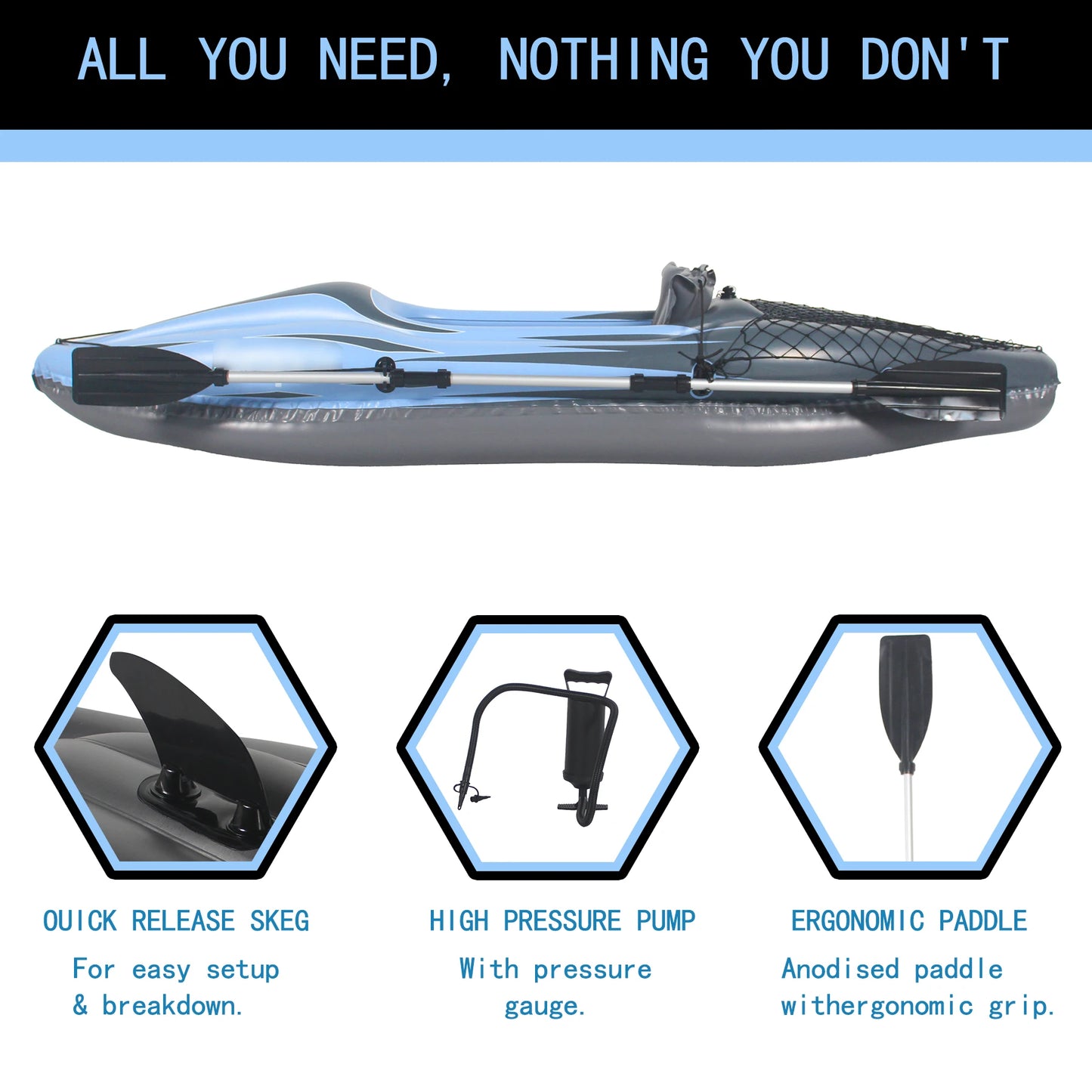 Inflatable Kayak Fishing Boat 1 Person Adult Blue Canoe,