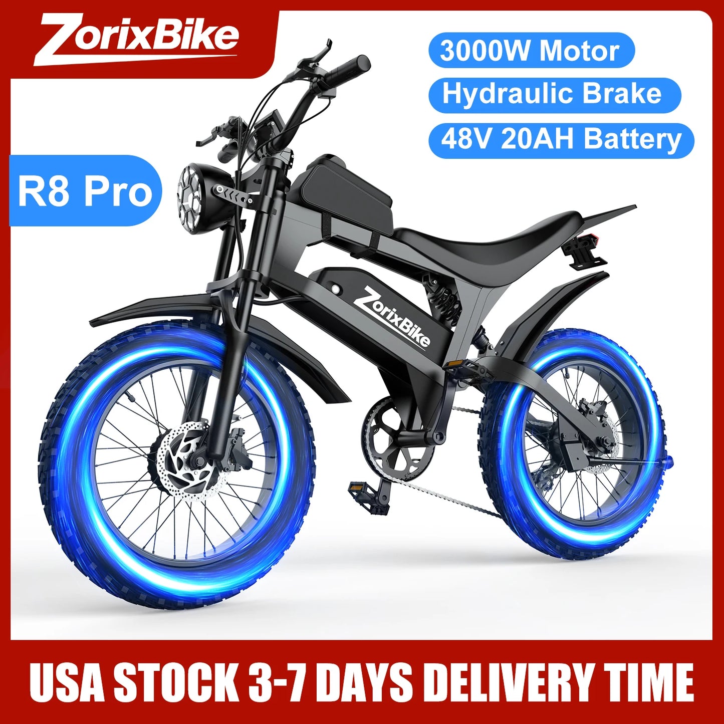 ZorixBike R8 Pro Electric Off-Road Bike 20x4.0 3000W 35Mph 80Mile 48V 20Ah
